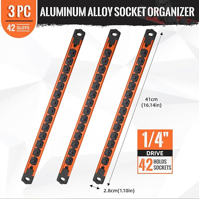Magnetic Socket Organizer, 3-Piece Heavty Duty Aluminum Socket Holder, Socket Rail for Tool Box, Premium Quality 360° Swivel Socket Rack with 42 Clips for 1/4-Inch(Orange)