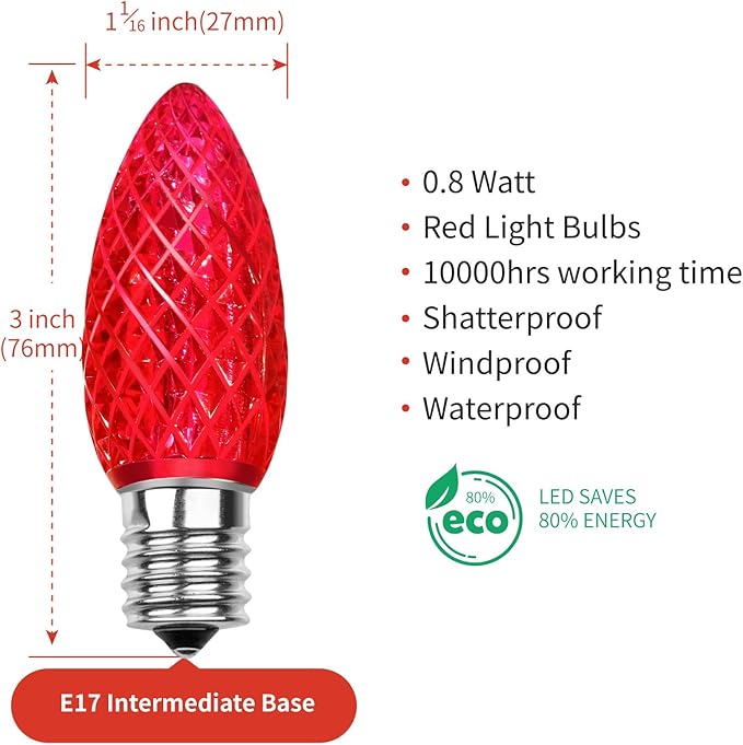 Meconard C9 Led Replacement Christmas Light Bulbs, C9 Shatterproof Led Bulbs for Christmas Indoor Outdoor String Lights, E17 Intermediate Base, Commercial Grade Holiday Bulbs, Red, 50 Pack