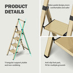4 Step Ladder, Lightweight Folding Step Stool with Anti-Slip Aluminum Wide Pedal& Convenient Handgrip, 330lbs Capacity Steel Ladder for Household and Office (Gold)