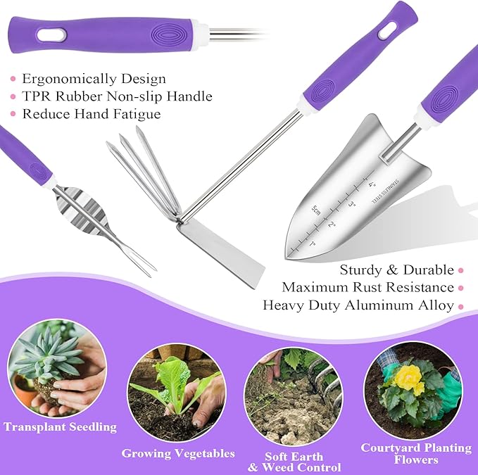 Purple Garden Tool Set Gardening Items for Women - 11PCS Heavy Duty Garden Tools with Detachable Storage Bag, Weeder, Dual-Purpose Hoe