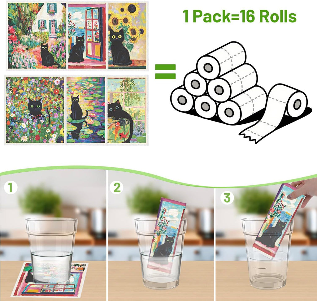 Swedish Dishcloths for Kitchen, 6 Pack Oil Painting Black Cat Reusable Paper Towels Washable, Absorbent Dish Rags for Washing Dishes Housewarming Gifts