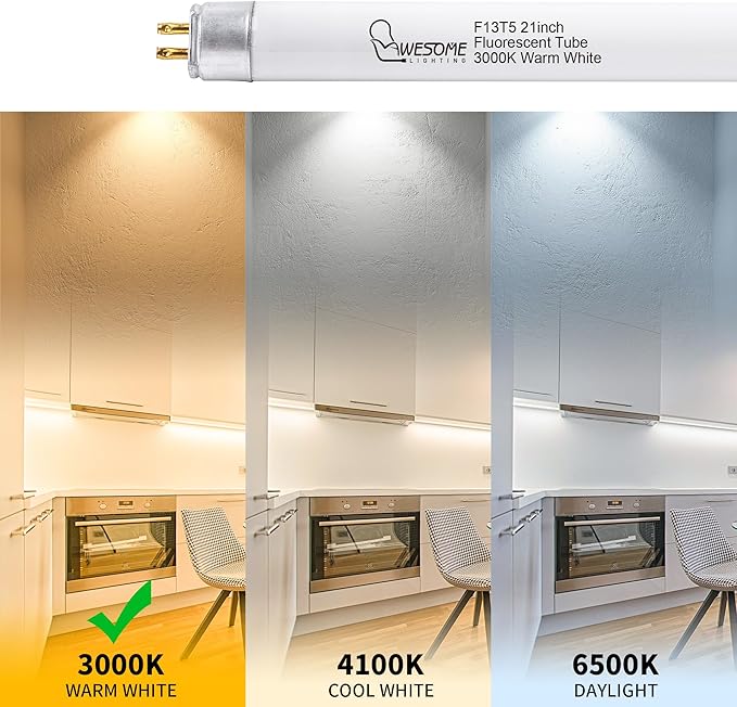 8 Pack 21 Inch F13T5/WW Fluorescent Light Bulb, 3000K Warm White, T5 13 Watts Fluorescent Replacement Bulb for Counter and Cabinet Fixture, G5 Base