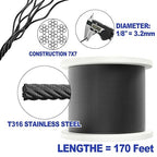 CKE 170FT 1/8" Black Stainless Steel Cable for Railing, T316 Stainless Steel Marine Grade Wire Rope for Deck Cable Railing Kit,1850lbs Breaking Strength 7x7 Strand Aircraft Cable DIY Balustrade, BCW6