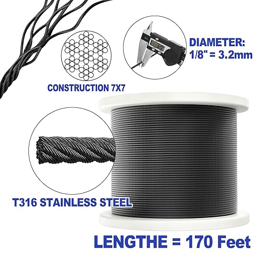 CKE 170FT 1/8" Black Stainless Steel Cable for Railing, T316 Stainless Steel Marine Grade Wire Rope for Deck Cable Railing Kit,1850lbs Breaking Strength 7x7 Strand Aircraft Cable DIY Balustrade, BCW6