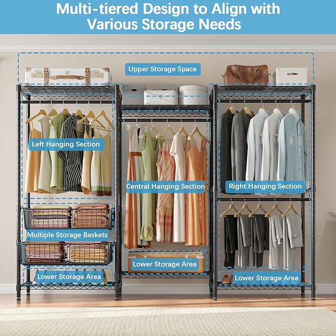 VIPEK V10 Garment Rack Large Size Heavy Duty Clothes Rack with Hanging Rods, Adjustable Shelves & 2 Slid Storage Baskets, Wire Clothing Rack 68.9" W x 15.7" D x 76.4" H, Max Load 920 LBS, Black