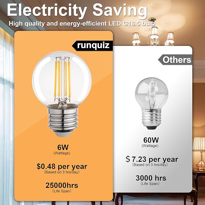 G16.5 Led Bulb, Small Round Edison Light Bulbs, E26 Dimmable Globe Clear Vanity Light Bulbs, 6w 4000k Vintage LED Filament Edison Bulb