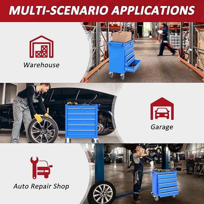 5-Drawers Rolling Tool Box with Wheel,Tool Chest with Wheels, Rolling Tool Box with Locking System, Tool Box with Organizer for Garage, Warehouse, Workshop (Blue, 5 Drawers)