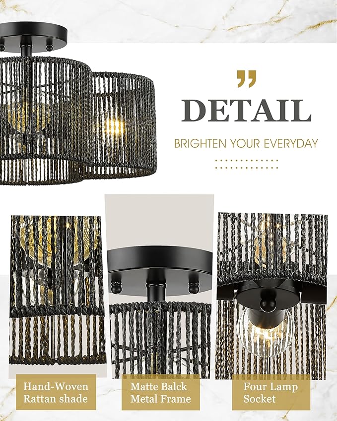 Rattan Light Fixtures Ceiling Mount, 4-Light 14" Boho Semi Flush Mount Ceiling Light with Hand-Woven Shade in Quatrefoil Shape for Kitchen Nursery Bedroom Hallway, Black, AD-22007-4SF-RA-BK