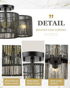 Rattan Light Fixtures Ceiling Mount, 4-Light 14" Boho Semi Flush Mount Ceiling Light with Hand-Woven Shade in Quatrefoil Shape for Kitchen Nursery Bedroom Hallway, Black, AD-22007-4SF-RA-BK