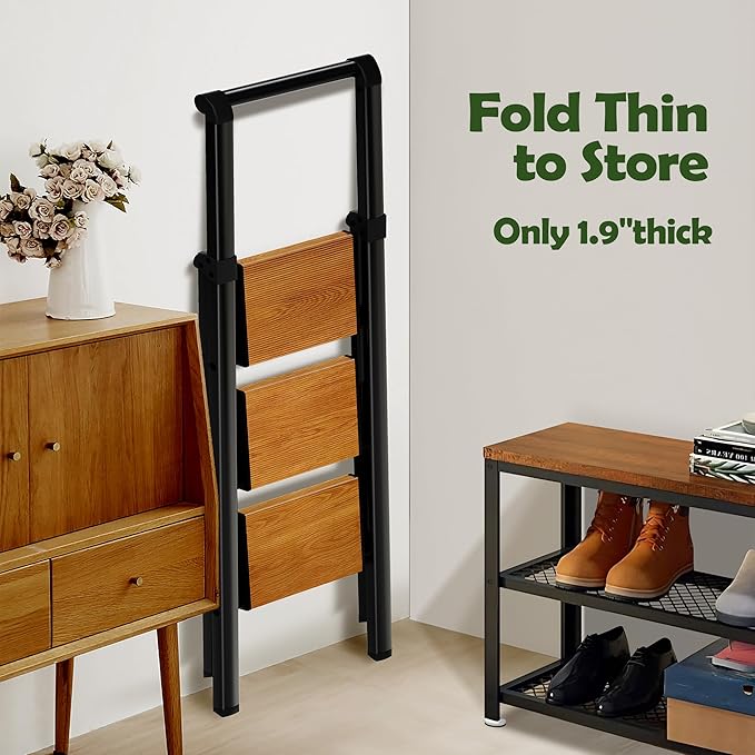 Taranta 3 Step Ladder, Portable Folding Ladder with Wide Pedal,Lightweight Aluminum Step Stool with Convenient Handgrip,330 lbs Capacity Stepladder for Home, Office-BlackWoodgrain