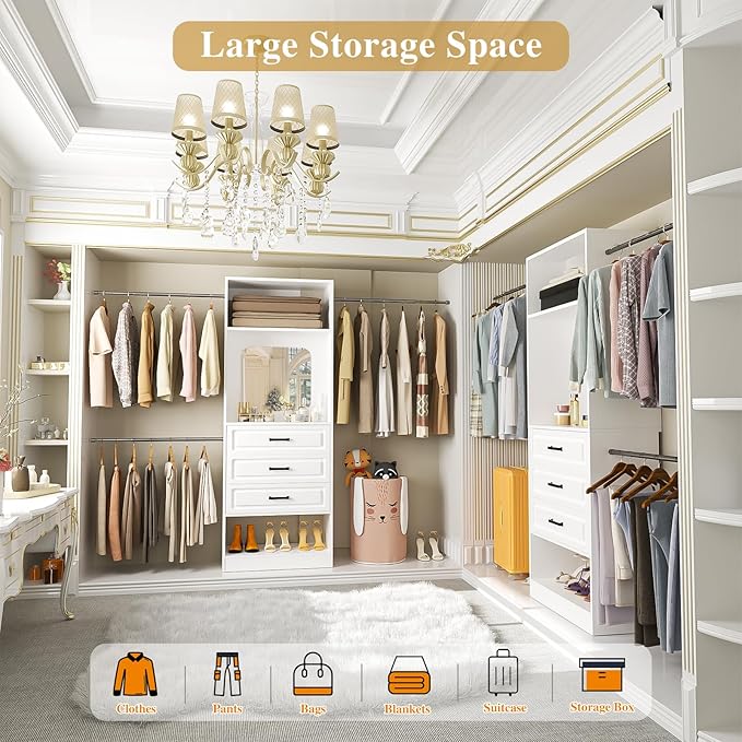 Unikito 48" W - 96” W Closet System with Mirror, 8FT Walk in Closet Organizer Kits with Drawers and 3 Extendable Hanging Rod, Sturdy Wood Clothing Garment Rack with 25” Tower, Max Load 1000 LBS, White
