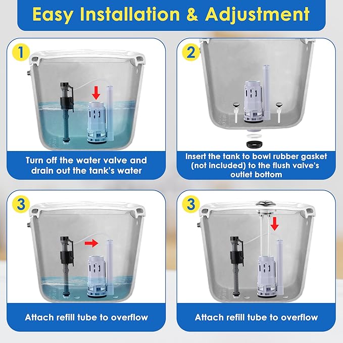 Saillong 1 Pack Universal Toilet Tank Replacement Kit, Include Dual Flush Valve with Push Button, Toilet Fill Valve, Bowl Gasket and Plastic Bolts, Tank Parts Replacement for 2-Piece (3 Inch)