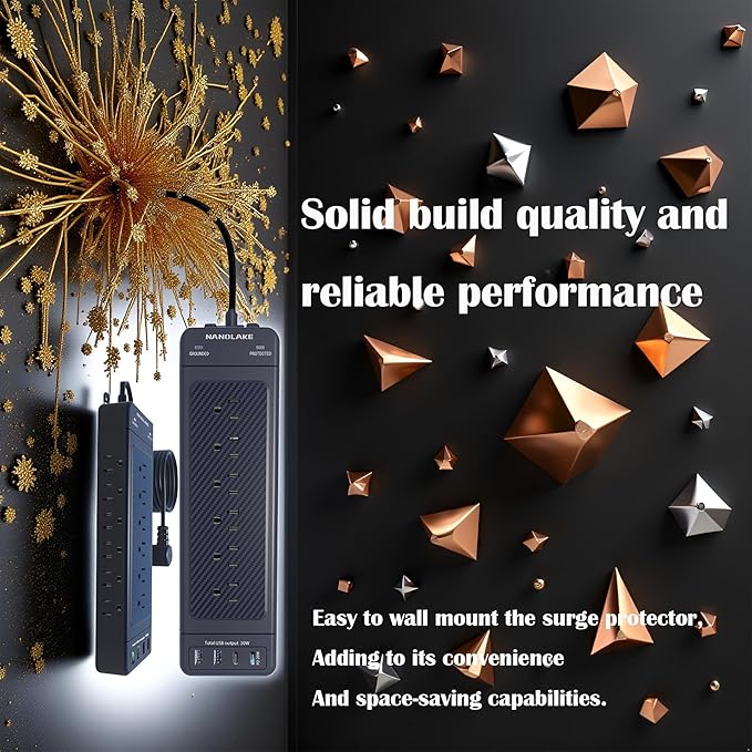 Surge Protector Power Strip Heavy Duty 10 ft Cord High Joules Protection (4800J)/18AC outlets/USBs (2A+2C PD20W)/1875W/15A,Flat Plug,Commercial,Industrial,Office,Home,College,Black,Insurance Coverage