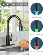 FORIOUS LED Kitchen Faucet with Pull Down Sprayer, Black Single Handle Stainless Steel Traditional Sink Faucets with LED Light Sprayer Head, Suitable for Farmhouse Laundry Camper Rv Bar