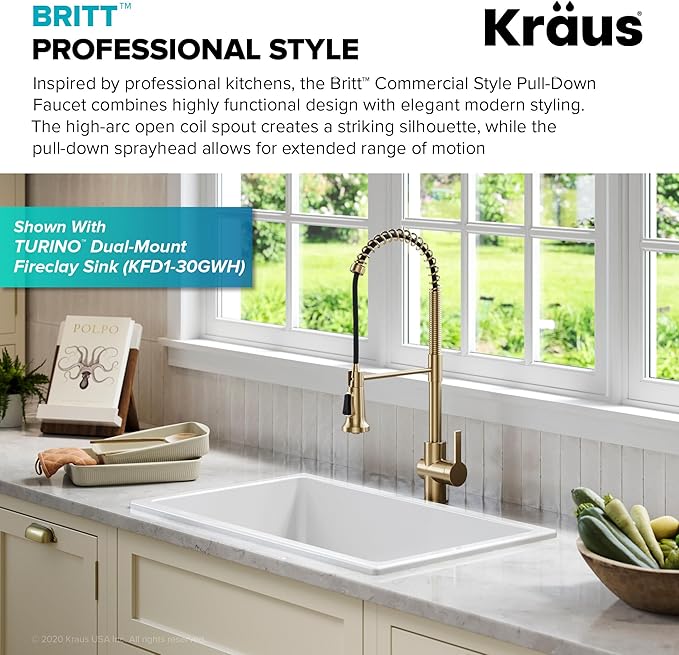 KRAUS Britt 2nd Gen Commercial Style Pull-Down Single Handle Kitchen Faucet in Spot Free Antique Champagne Bronze, KPF-1691SFACB