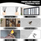 Window Screen Door Repair/Replacement Kit,48" x178" Adjustable Durable Fiberglass Window Screen Mesh,with Spline/Roller/Hook/Clips Screen Door Repair Kit,DIY Window,Porch Sliding Door(Grey)