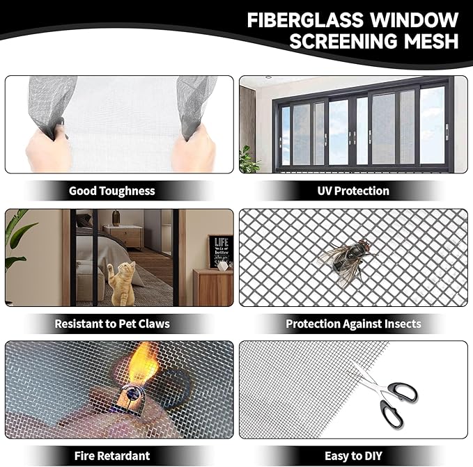 Window Screen Door Repair/Replacement Kit,48" x178" Adjustable Durable Fiberglass Window Screen Mesh,with Spline/Roller/Hook/Clips Screen Door Repair Kit,DIY Window,Porch Sliding Door(Grey)