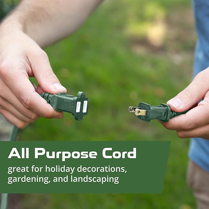 Iron Forge Cable Weatherproof Outdoor Extension Cord 25 ft, 13 Amp Green Extension Cord with 2 Prong Polarized Plug, SJTW 16 AWG Power Cable for Outdoor & Indoor Decorations - US Veteran Owned