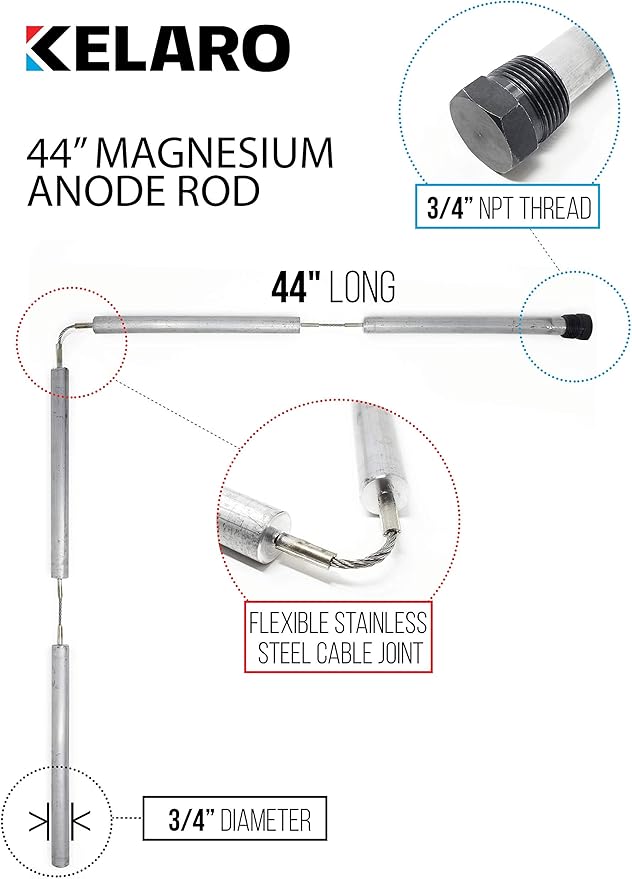 Magnesium Water Heater Anode Rod (44 inch Flexible) 3/4" NPT Thread for Rheem, Reliance, Richmond, Kenmore, GE by Kelaro