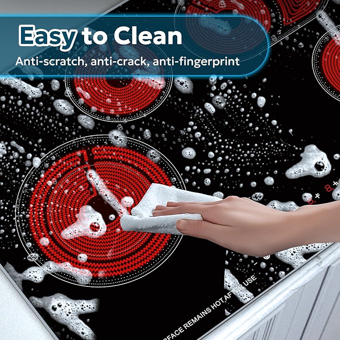 30 Inch Electric Cooktop 4 Burner 7400W Ceramic Stove, Built-in Electric Stove Top with Full Metal Frame Protection, Timer, Safety Lock, Pause, Dual Ring, 220V Hard Wired