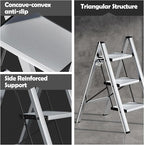 Taranta 3 Step Ladder,Aluminum Lightweight Folding 3 Step Stool with Anti-Slip Wide Pedal,330lbs Capacity Step Ladder for Household,Kitchen,Office - Silver