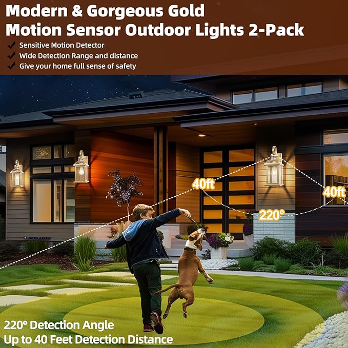 Gold Motion Sensor Outdoor Light Fixtures Dusk to Dawn 2-Pack, 16 Inch Aluminum Anti-Rust Large Brass Outdoor Sconces Wall Mounted Lamps Photocell Outside Lights for House Front Porch