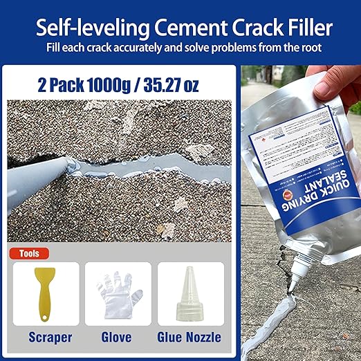 Concrete Crack Filler and Sealant, Quick Drying High Elasticity Cement Crack Filler, Waterproof Repair, Self-Leveling Concrete Slab Repair for Driveway, Patio (Gray, 35.27 OZ)