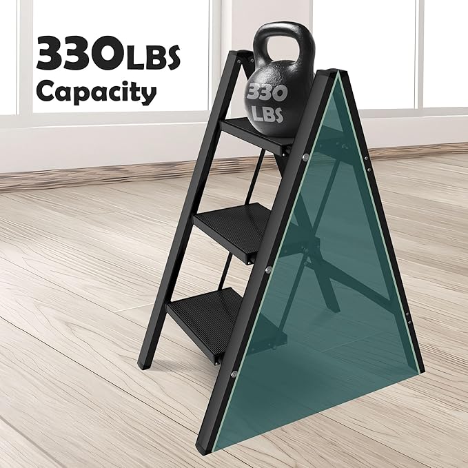 Taranta 3 Step Ladder,Aluminum Lightweight Folding 3 Step Stool with Anti-Slip Wide Pedal,330lbs Capacity Step Ladder for Household,Kitchen,Office - Black