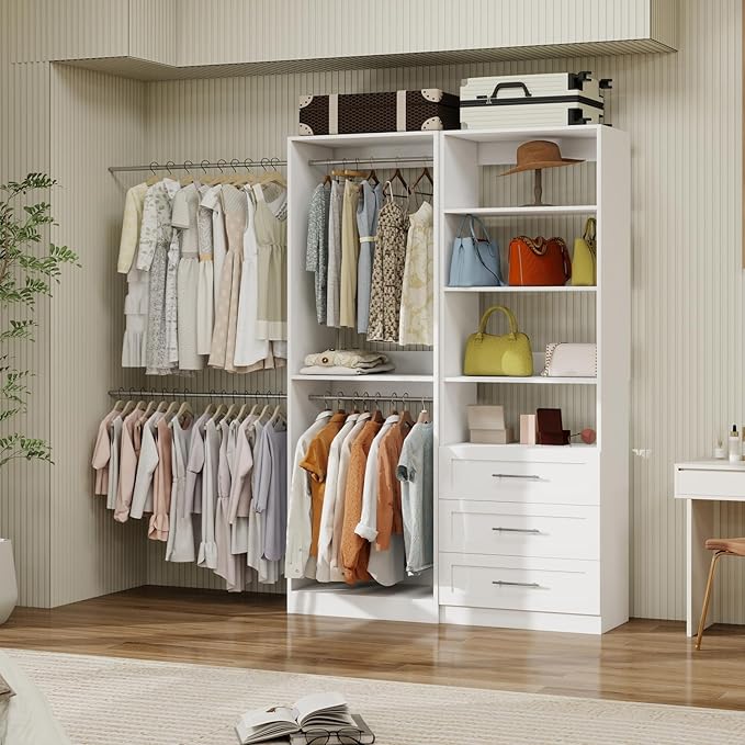 Closet System with 6 Drawers, 8FT Wood Closet Organizer System with 8 Hanging Rods&Adjustable Shevles, 81"Tall Modular Walk In Closet System, Standalone Closet System System, 4Set,White