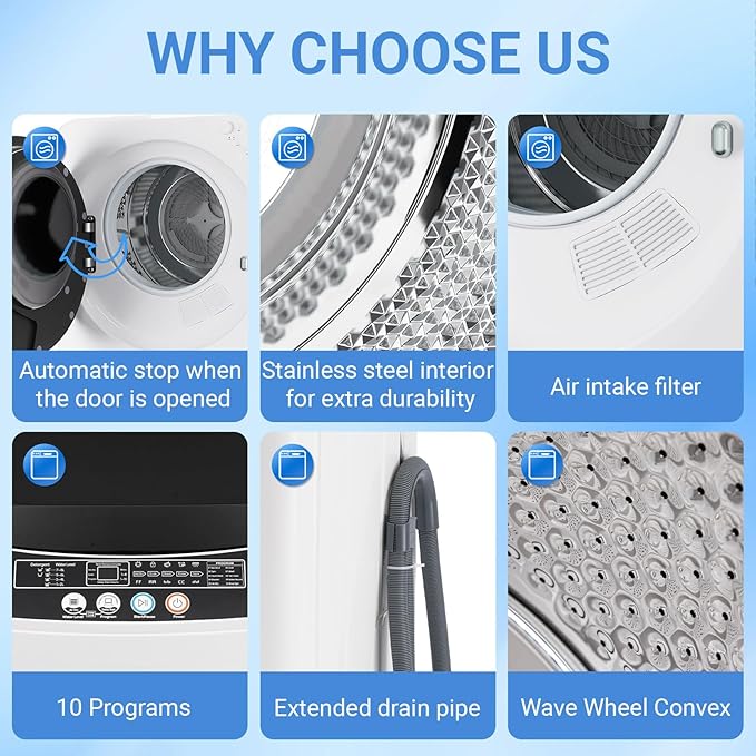 1.6Cu.Ft Portable Clothes Dryer and 16LBS Full Automatic Washing Machine Set, Washer and Spinner Combo, Stainless Steel Tub, Space Saving,Ideal for Laundry, Apartments, Dorms