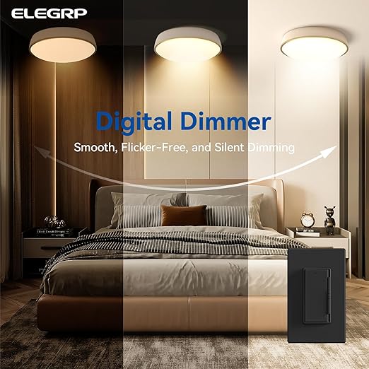 ELEGRP Dimmer Light Switch for 300W Dimmable LED/CFL Lights and 600W INC/HAL Bulbs, Single Pole/3-Way LED Slide Dimmer Light Switch, Wall Plate Included, UL Listed, 10 Pack, Black