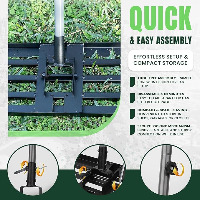 30" x 10" Stainless Steel Lawn Leveling Rake for Soil, Heavy Duty Lawn Leveler Tool for Yard with Adjustable Steel Handle up to 85", Yard Leveling Landscape Rake, Ground Leveler for Garden-Golf Course