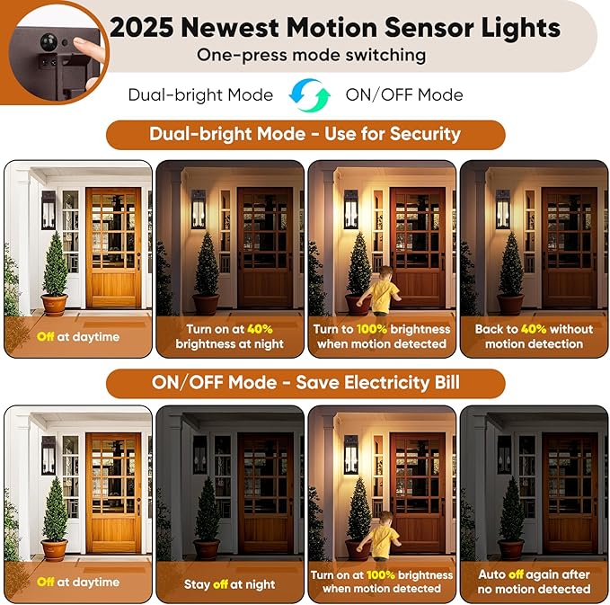 BesLowe 18” Upgraded Motion Sensor Outdoor Wall Lights, Dusk to Dawn Porch Lights Outdoor Wall Sconces, 3 Lighting Modes Exterior Lighting Fixtures with Hooks, Brown Outside Lights for House, 2-Pack