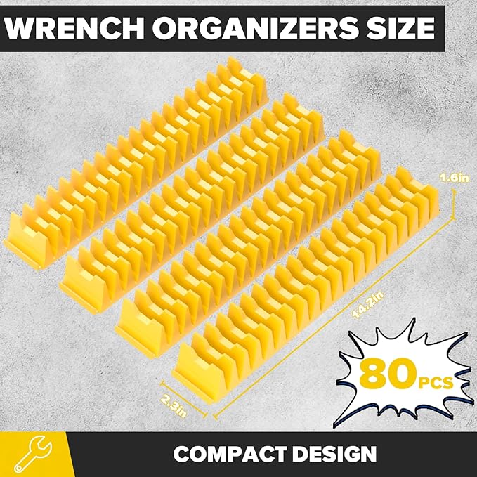80PCS Modular Wrench Organizer Wrench Holder - Wrench Tool Organizers for Tool Drawer Storage, Wrench Storage Set with Metric & SAE Label, Wrench Rack Tool Gift for Professional Mechanics, Yellow