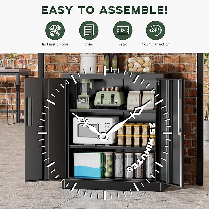 Greenvelly Metal Storage Cabinet, 36" Locking Storage Cabinet with Doors and Shelves, Lockable Storage Cabinets for Home Office, Utility Locker Cabinet, Steel Garage Cabinet with 2 Keys, Black