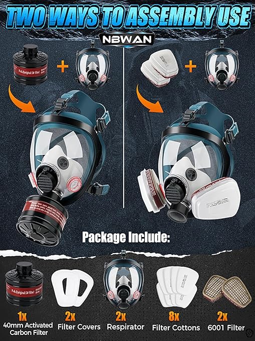 Full Face Gas Mask Respirator, Gas Masks Survival Nuclear and Chemical with 40mm Activated Carbon Filter & 6001 Filters, Respirator Mask for for Organic Vapor, Chemicals, Paint, Dust, Particles