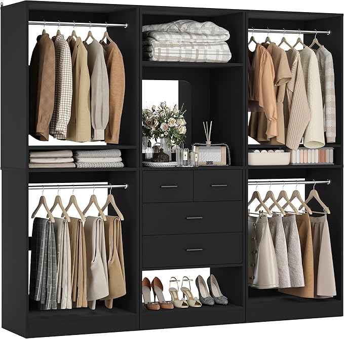 Unikito 75 Inch Walk in Closet System with 4 Drawers, 6.3FT Closet Organizer with Hanging Rods and Mirror Design, Reversible Large Closet Wardrobe with Shelves, Adjustable Closet Tower, Black