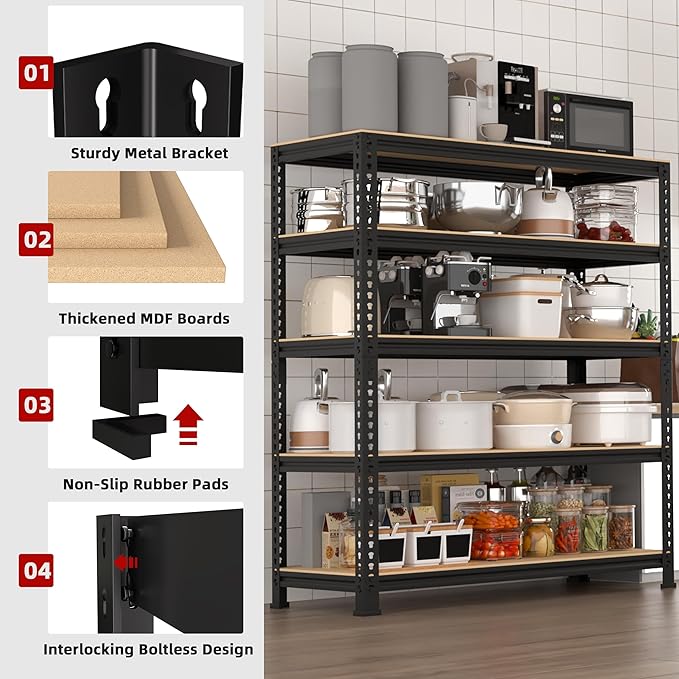 5-Shelf Heavy Duty Shelving - Adjustable Garage Storage Shelves, Metal Utility Storage Racks for Warehouse Pantry Basement Kitchen, Garage Organizers Shef Unit, Black, Packs of 4