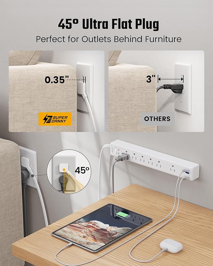 20Ft Long Extension Cord, Flat Plug Power Strip with 6 Outlets & 3 USB Ports (1 USB-C), Wall Mountable Surge Protector, White Power Bar for Home Office, College Dorm Room Essentials