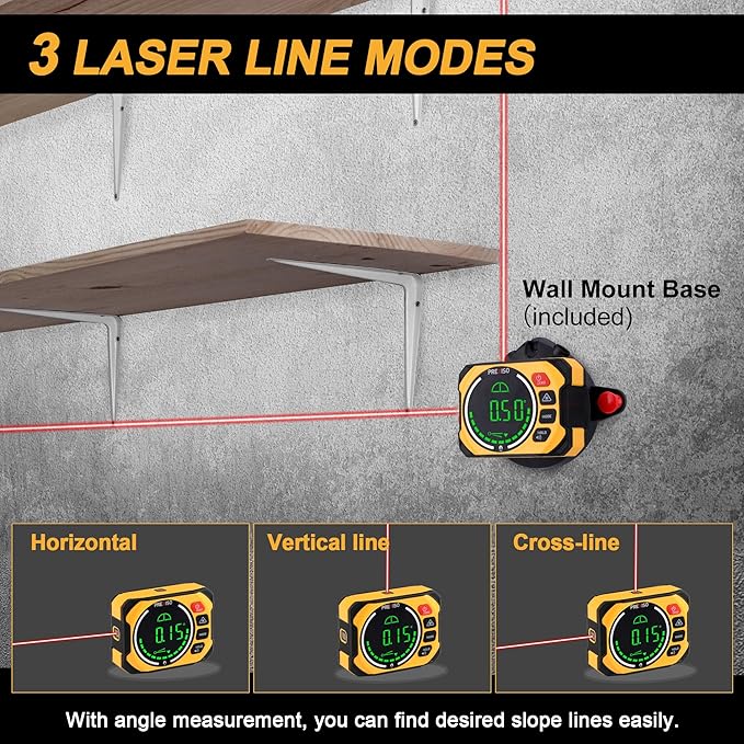 PREXISO 3-in-1 Multi Surface Laser Level with Digital Angle Gauge Magnetic, Rechargeable Digital Level with Wall Mount Base, 0-90° & 0-180°, Angle Finder Cross Line for Woodwork, Saw, Hanging Frames