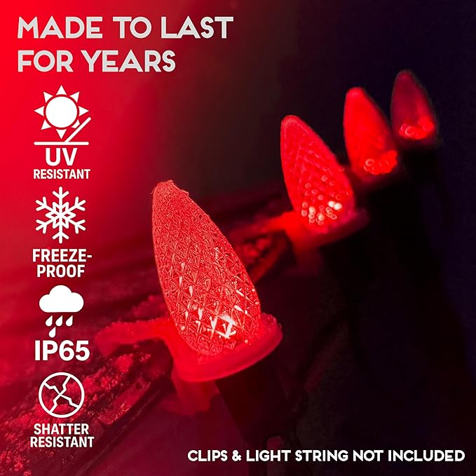 HLO Lighting Set of 500 Red C9 Faceted LED Christmas Light Bulbs for Indoor & Outdoor Use | Durable Replacement Bulbs