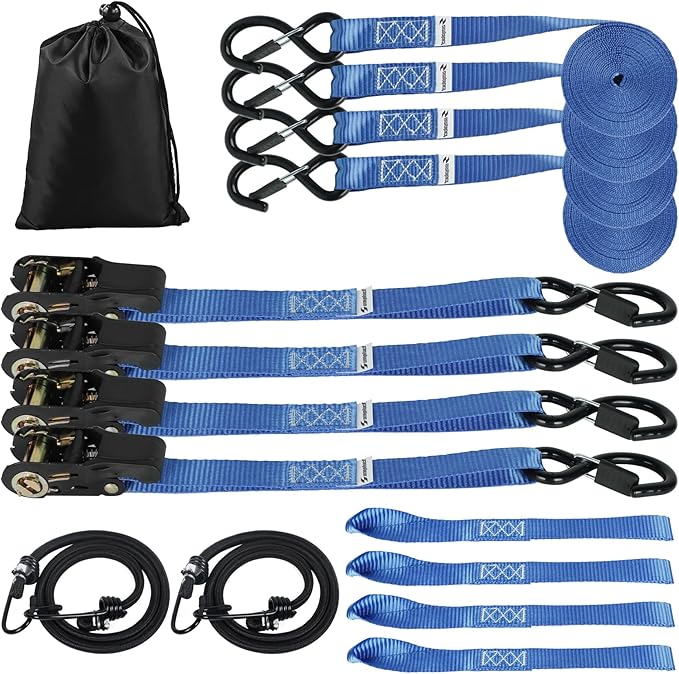 Ratchet Straps Heavy Duty 4 Pack 15 FT 2200 LB Break Strength Cargo Hold Tie Down Straps with Safety Lock S Hooks for Moving, Appliances,Box,Motorcycle, Soft Loop Securing,RV,Car,Camping Accessories