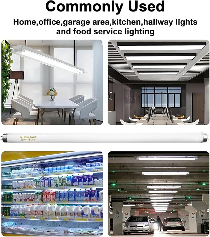 25 Pack T8 Fluorescent Bulbs 4 Foot, F32T8/865 Fluorescent Light Bulb 48 Inch 32 Watt 6500K Daylight 2500 Lumens G13 Base