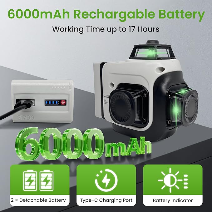 Laser Level 360 Self Leveling, 3x360° 3D Green Line Laser Level for Picture Hanging, Rechargeable Lazer Level with Type-C Charger, 2 * 6000mAh Batteries, Magnetic Rotating Stand and Hard Case