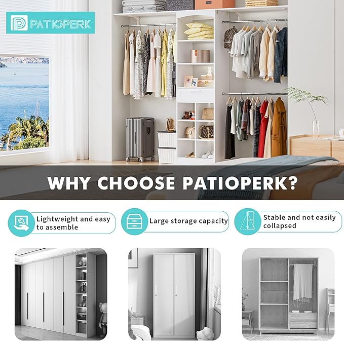 Closet System With Drawer - 8 FT Closet Organizer And Storage, Wood Closet Organizer System with Tower, Walk-in Closet Organizer Wardrobe Clothes Rack with 3 Hanging Rods, Garment Rack