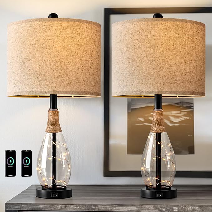 OYEARS 23" Table Lamps for Living Room Set of 2 Bedside Lamps for Night Stands Bedroom Lamps Farmhouse Rattan Boho Lamp Glass Nightlight End Table Lamp with USB C+A (Black),Two Light Points