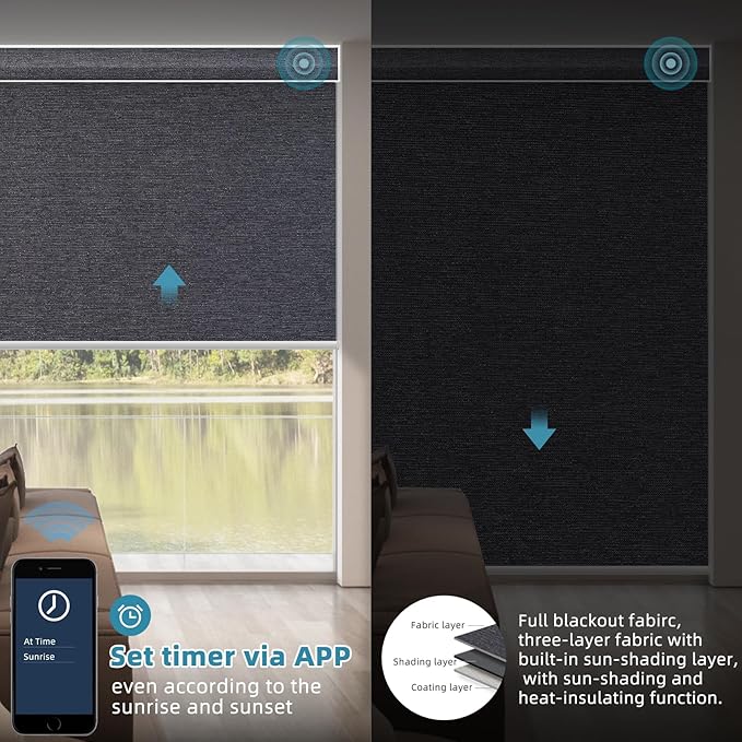 SmartWings Motorized Smart Blinds with Remote, Custom Automatic 100% Blackout Roller Shade Compatible with Alexa/Homekit/Google, Electric Smart Blinds for Indoor Windows, Eclipse Raven Black