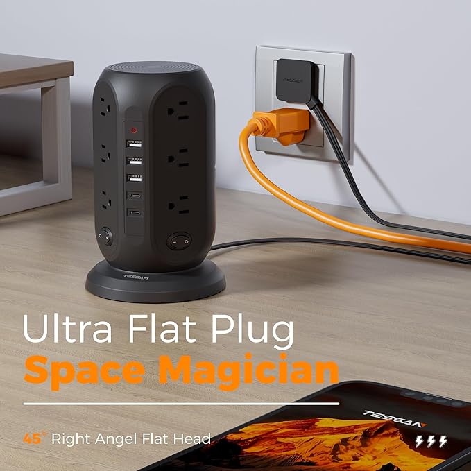 Black Surge Protector Power Strip with 4 Individual Switches, TESSAN USB C Charging Station Power Tower with Flat Extension Cord 10 Ft, 12 Outlets Black Extension Cord, Dorm Room, Office Accessories