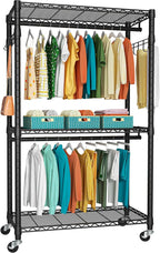 FUTASSI P1 Heavy Duty Garment Rack, 3 Tiers Adjustable Rolling Metal Closet Organizer with Lockable Wheels, FreeStanding Wardrobe with Double Hanger Rods & 1 Pair Hooks, Max Load 450 LBS, Black