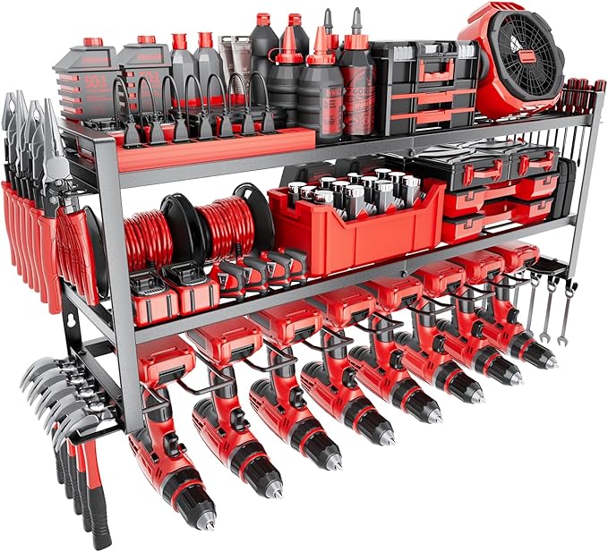 Power Tool Organizer Wall Mount, 3 Layer 8 Drill Holders Tool Storage Rack, Power Tool Shelf Loads 280lbs for Garage, Warehouse, Workshop, Gifts for Men Dad Husband Anniversary Fathers Day